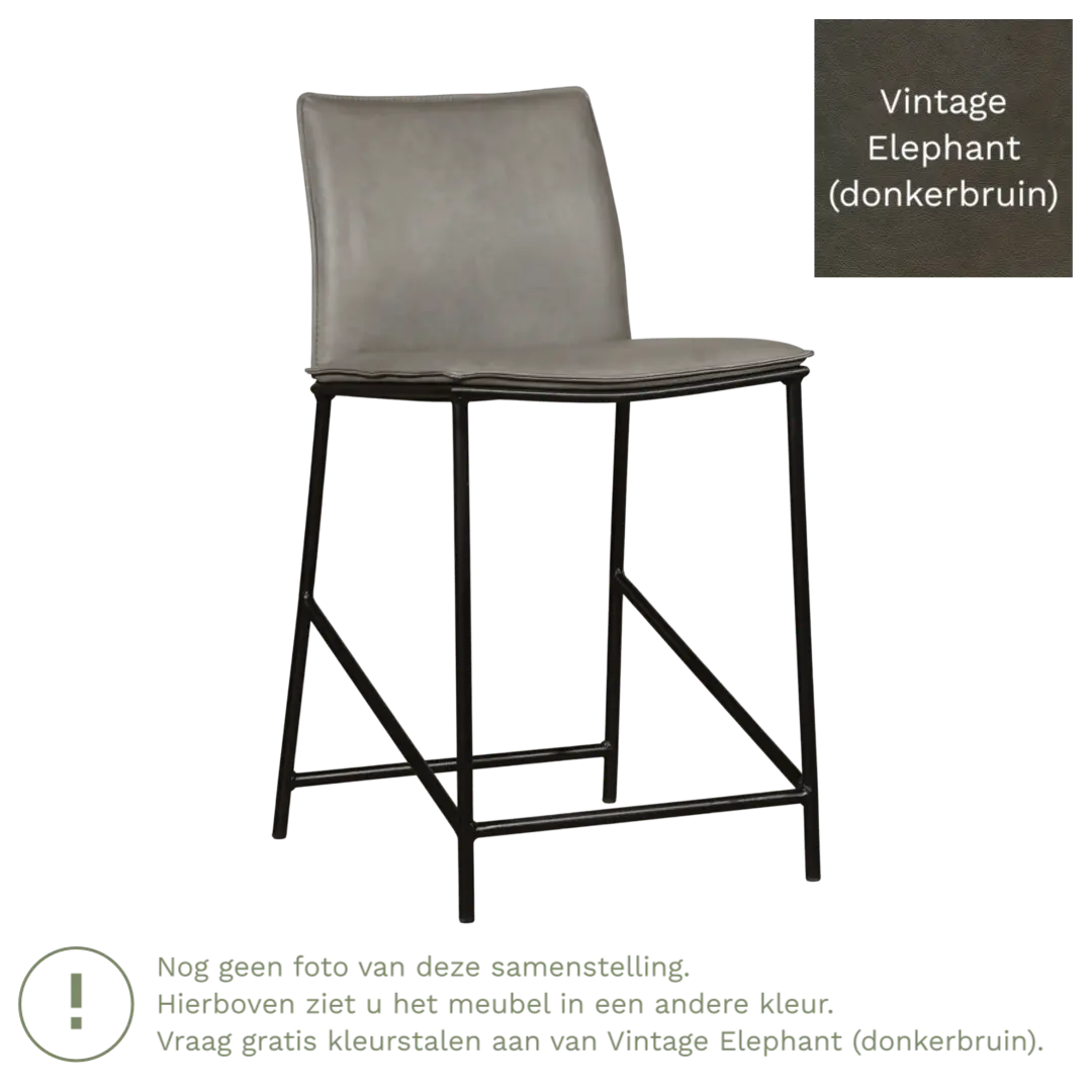 afbeelding van Leren barkruk laag Favor - Vintage Elephant (donkerbruin) - poten staal rond zwart